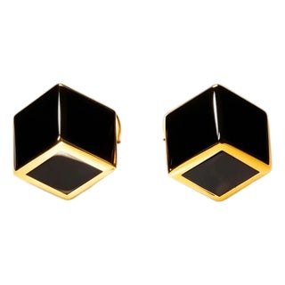 Late 20th Century 14K Yellow Gold Onyx Geometric Mens Cufflinks, Pair For Sale