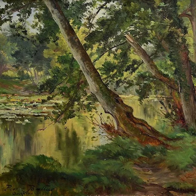A beautiful oil on panel depicting a peaceful scene in the heart of a lush forest. Tall trees lean gently over a calm...