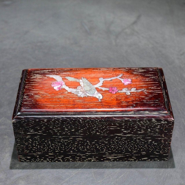 1990s Rectangular Wood Keepsake Box, Mother of Pearl Inlaid Magpie & Plum Blossom Motif For Sale - Image 9 of 9