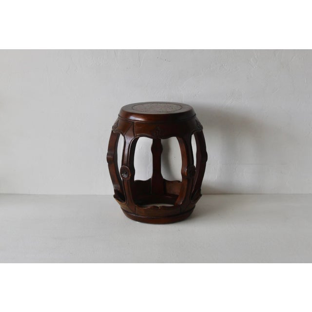1980s 1980s Asian Carved Wood Barrel Stool Plant Stand With Inset Granite Top Vintage For Sale - Image 5 of 18