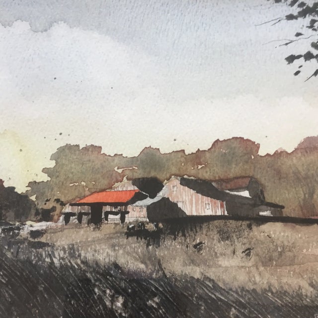 Vintage Original Watercolor Landscape W/ Cows Painting For Sale - Image 4 of 7