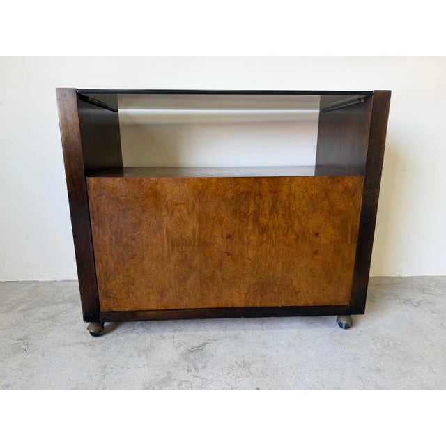 Mid Century Milo Baughman Style Burlwood & Brass Bar Cart With Glass Top For Sale - Image 10 of 12