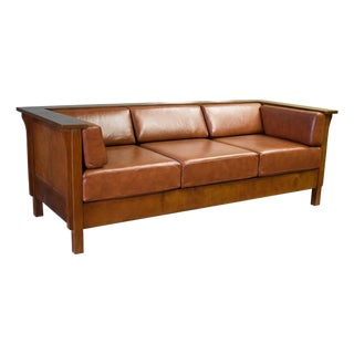 Arts and Crafts / Craftsman Cubic Panel Side Sofa - Russet Brown Leather (Rb2) For Sale