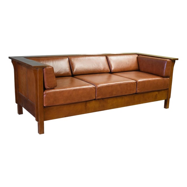 Arts and Crafts / Craftsman Cubic Panel Side Sofa - Russet Brown Leather (Rb2) For Sale