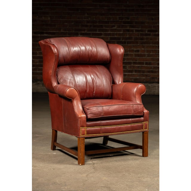 Mid 20th Century Vintage Leather Wingback Armchair With Ottoman in Red by Whittemore-Sherrill For Sale - Image 5 of 10