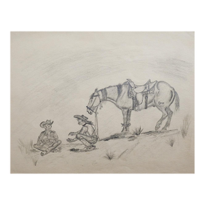 Mid 20th Century Cowboys and Horse Taking a Break Drawing