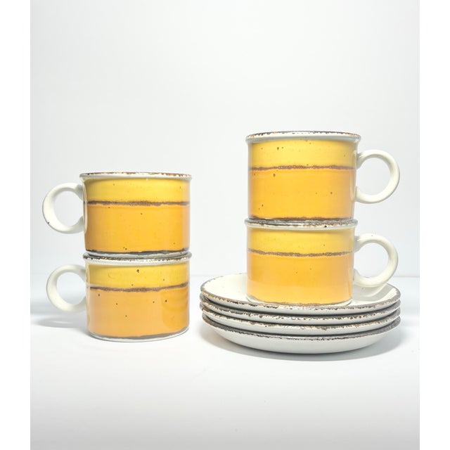 Midwinter (Stonehenge) “Sun” 4 Stoneware Tea Cups 2 1/2” 8oz & Saucers 6 1/4” Good vintage condition. No chips, cracks, or...