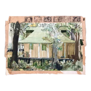 1970s Vintage Expressionist Cozy Cabin Watercolor Painting