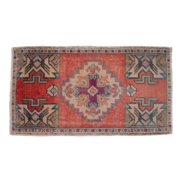 Distressed Rug Low Pile Hand Knotted Yastik Rug Faded Mat- 20'' X 36'' For Sale