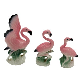 1950s MCM Ceramic Miniature Pink Flamingo Tabletop Statue Set of 3 For Sale