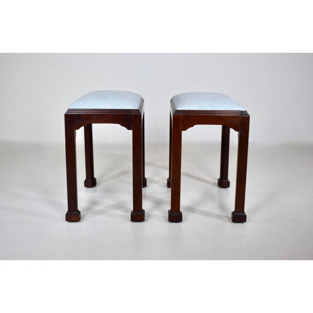 Early 20th Century Chippendale Style Footstools by Madison Square in Mahogany & Blue For Sale - Image 5 of 5