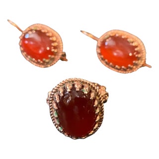 1990s Carnelian Cabochon and Brass Italian Ring and Earrings by Anomis For Sale