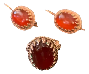 1990s Carnelian Cabochon and Brass Italian Ring and Earrings by Anomis
