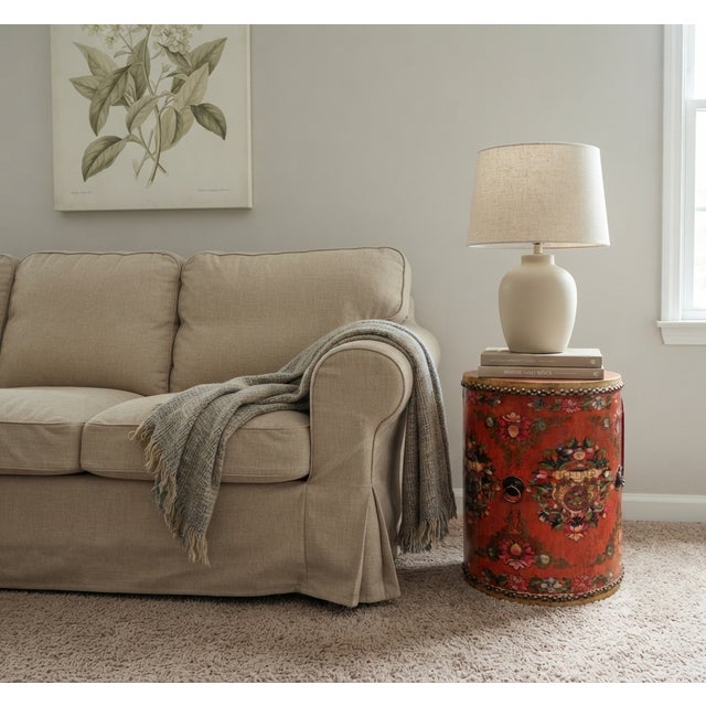 1990s Distressed Orange Tibetan Style Jewel Tower Graphic Round Drum Table For Sale - Image 5 of 8