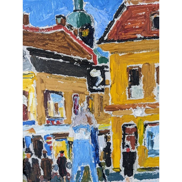 PEDESTRIANS Size: 35 x 30 cm (including frame) Oil on board A small yet very impactful modernist street scene composition,...