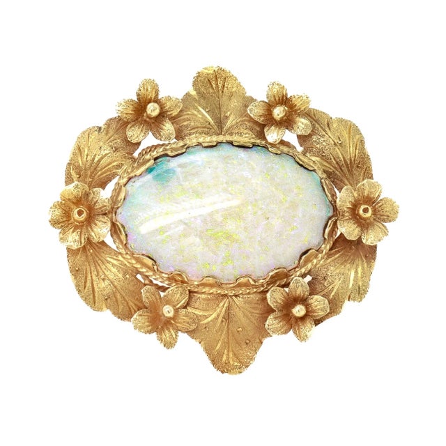 Mid 20th Century Vintage 14k Gold and Opal Cabochon Floral Brooch For Sale - Image 5 of 12