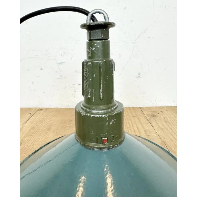 Industrial Petrol Enamel Military Pendant Lamp with Cast Aluminium Top, 1960s For Sale - Image 9 of 12