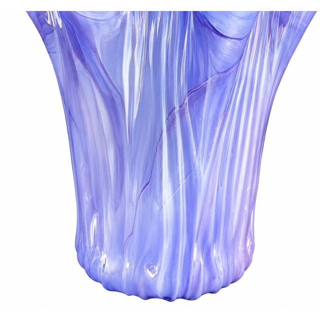 Mid-Century Modern Vintage MCM Murano “Lavorazione Arte” Blue Ribbed Ruffle Art Glass Vase For Sale - Image 3 of 4