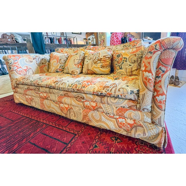 Stratford House Mid Century Modern Jack Larsen Style Orange Print Loveseat From Stratford Designs For Sale - Image 4 of 8