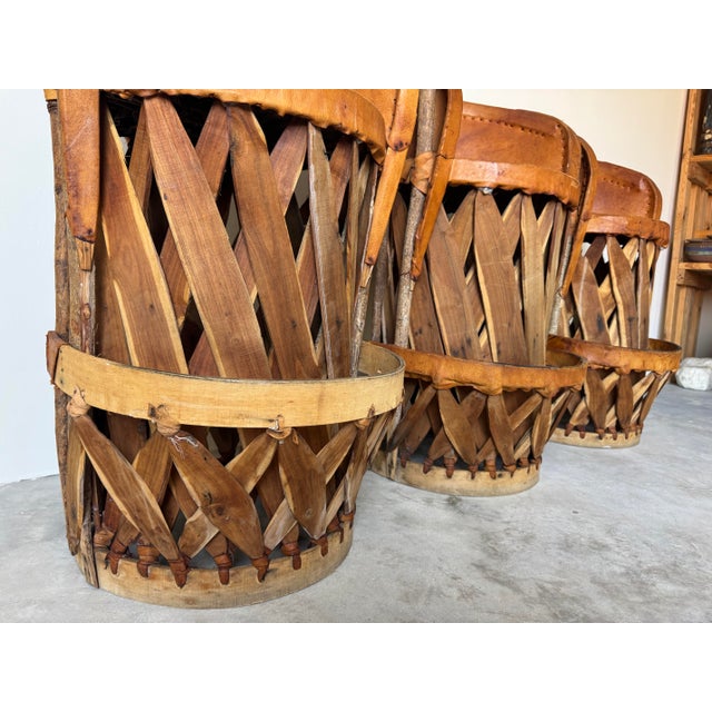 Wood Vintage Mexican Southwest Equipale Leather and Cedar Wood Bar Stools — Set of 3 For Sale - Image 7 of 12