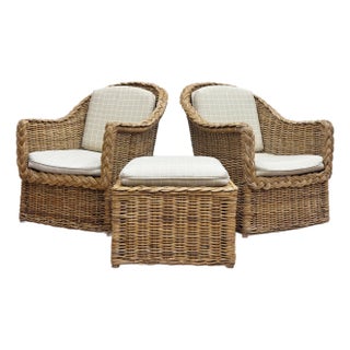 Vintage Braided Wicker Club Chair Pair With Ottoman For Sale