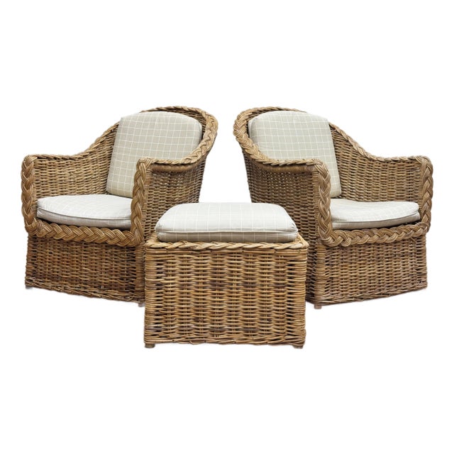 Vintage Braided Wicker Club Chair Pair With Ottoman For Sale