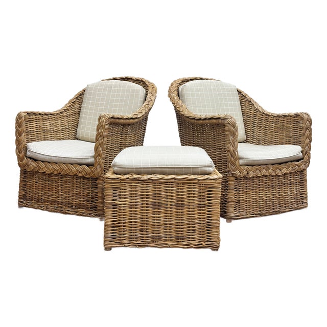Vintage Braided Wicker Club Chairs With Ottoman For Sale