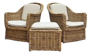 Vintage Braided Wicker Club Chairs With Ottoman