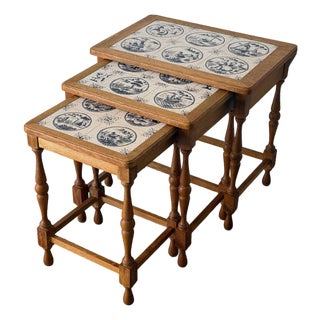 Ak Odense Oak Nesting Tables Set of 3 With Ceramic Tile Tops Danish Mid-Century Modern 1965 For Sale