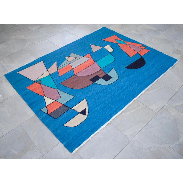 Blue Paul Klee - Sailing Boats - Inspired Silk Hand Woven Area - Wall Rug Nautical Decor - 4′5″ × 5′11″ For Sale - Image 8 of 14