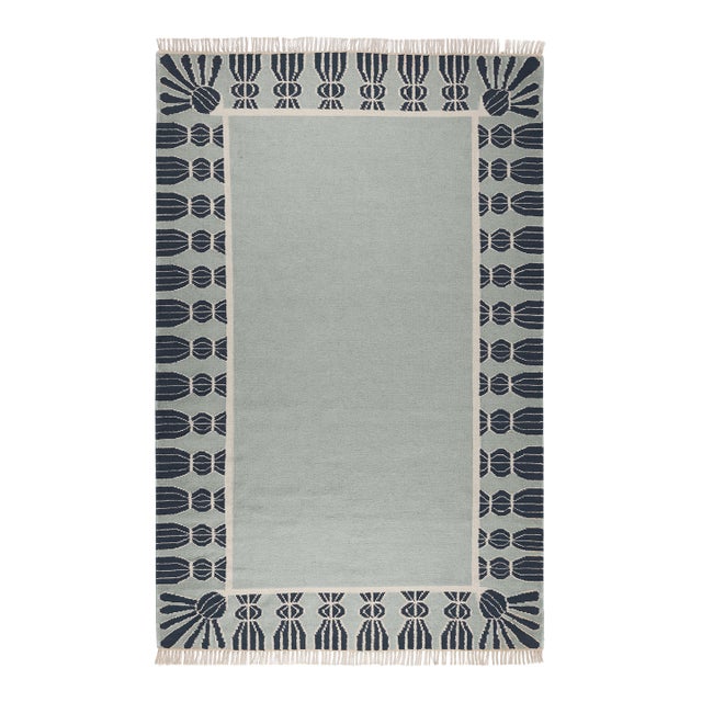 Part & Parcel Goods Wool Tassel Rug, 10' x 14', Sky Blue, Navy and Eggshell For Sale