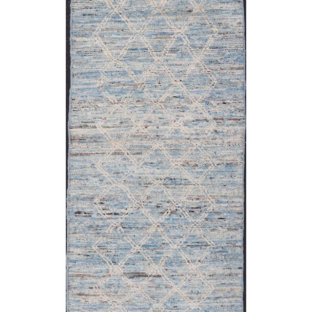Modern Rug With Traditional Design in Cream and Sky Blue Color 2'9 X 10'11 For Sale - Image 4 of 11