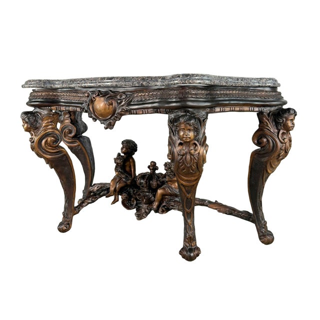Metal Ornate Bronze Cherub Console Table, Granite Top - For Sale - Image 7 of 8