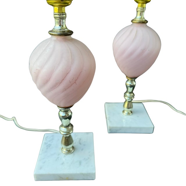French 1940s Light Pink Glass Boudoir Lamps - A Pair For Sale - Image 3 of 5