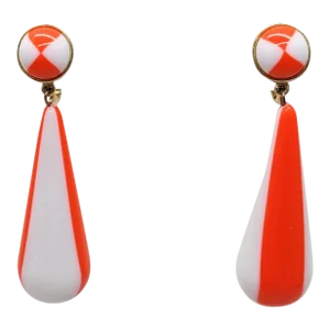 Vintage Signed Crown Trifari White & Orange Striped Drop Clip Earrings - 2 Pieces
