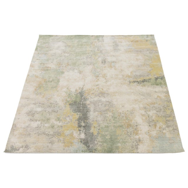 Abstract Abstract Watercolor Modern Area Rug – Sage Green, Gold, & Ivory Wool-Nylon Blend For Sale - Image 3 of 10