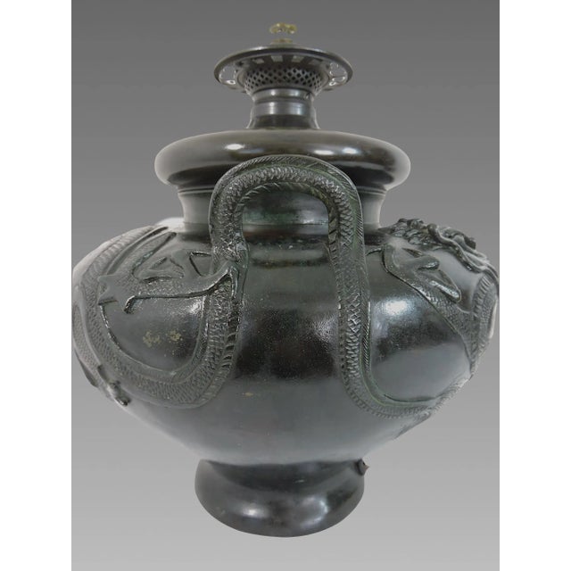 Metal Antique Japanese Double Dragon Table Lamp, Cast Bronze 'Censor', Meiji Period For Sale - Image 7 of 12
