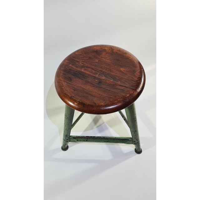 Industrial Stool in Dark Brown Wood and Green Metal, Germany, 1950s For Sale - Image 9 of 14