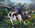 This oil on board painting features a whimsical scene of a winged pig adorned with a harness, set against a dramatic...