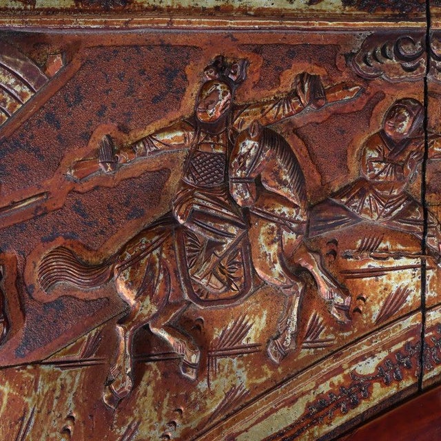 Vintage Chinese Gilt & Vermillion Scenic Carved Rosewood Doorway Entry Panel For Sale - Image 13 of 16