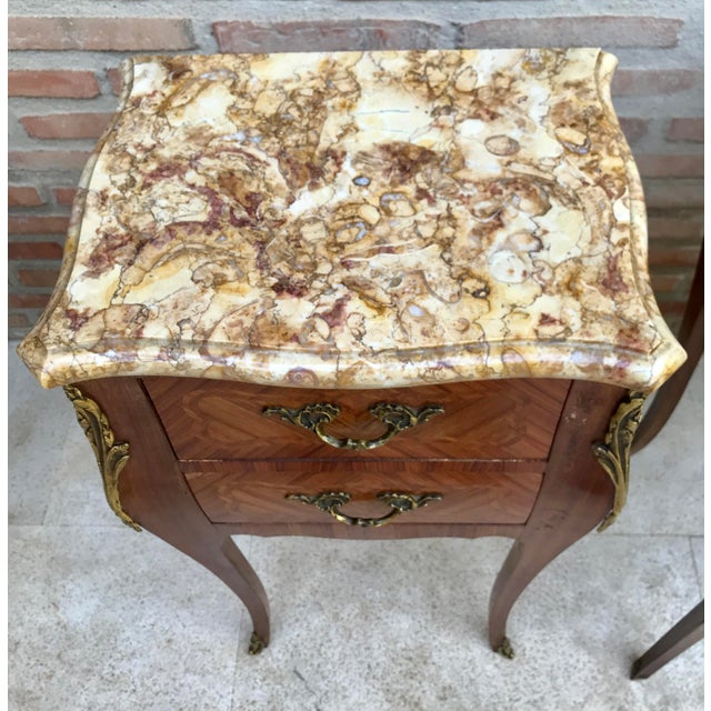 Antique Louis XV French Marquetry Marble Top Nightstands, Set of 2 For Sale - Image 13 of 17