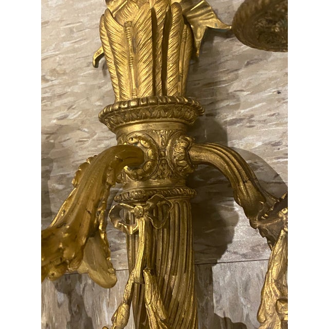 Metal 1900 Gilt Bronze Caldwell Sconces With Ribbons 3 Lights For Sale - Image 7 of 10