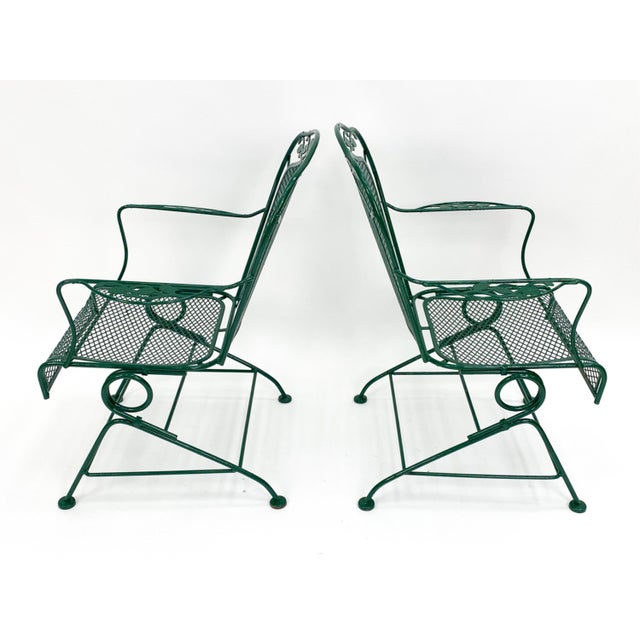 Late 20th Century 1970s Hunter Green Metal Mesh Woodard Style Outdoor Patio Bounce Dining Chairs - Set of 4 For Sale - Image 5 of 12