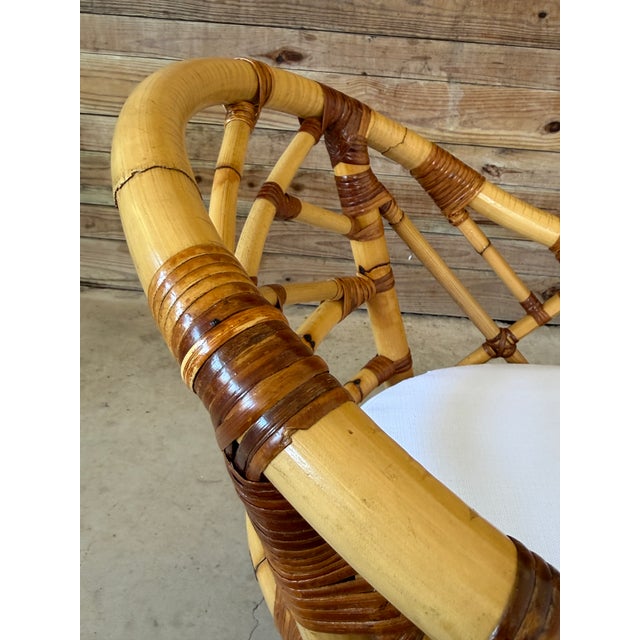 Wood Mid-Century Rattan Barrel Lounge Chairs With New Sunbrella Cushions-Pair For Sale - Image 7 of 12