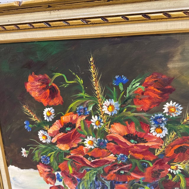 Red 1970s Vintage Italian Style Floral Still Life Oil Painting ~ Signed For Sale - Image 8 of 11