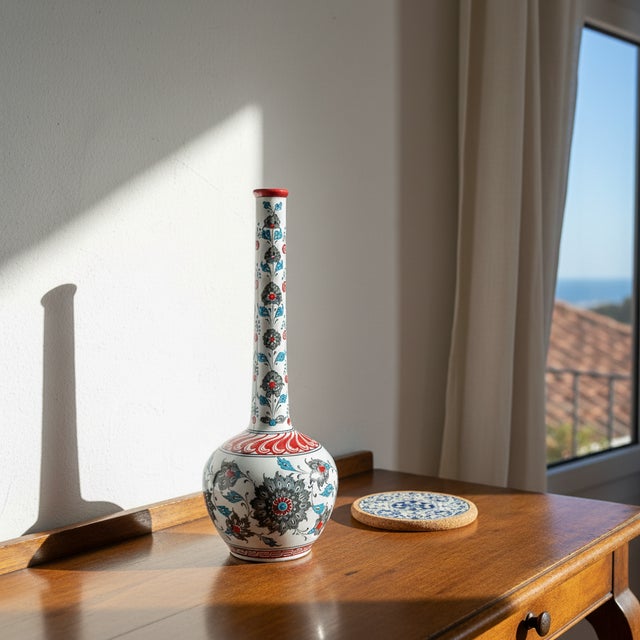 2020s Handmade Ceramic Long Neck Vase (25cm) – Grey Lotus & Red Shoulder – Elegant Bottle Form For Sale - Image 5 of 8