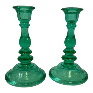 Vintage 1920s Depression Era Vaseline Emerald Green Pressed Glass Candle Holders - a Pair For Sale