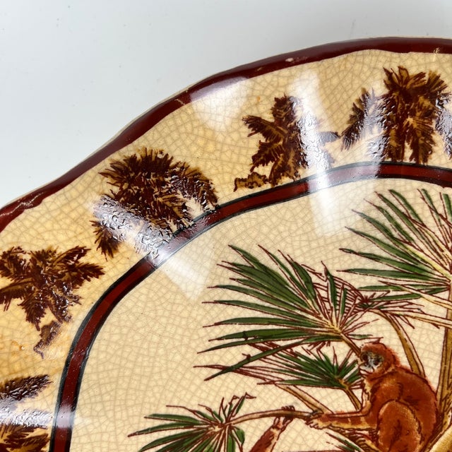 Ceramic 20th Century Crackle-Glazed Earthenware Dish with Exotic Decoration of Monkeys and Palm Trees, 1940s For Sale - Image 7 of 9