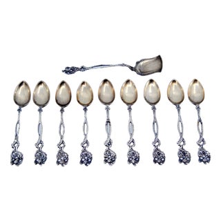 Silver Coffee Spoons and Sugar Scoop with Scalloped Handles, Set of 9 For Sale