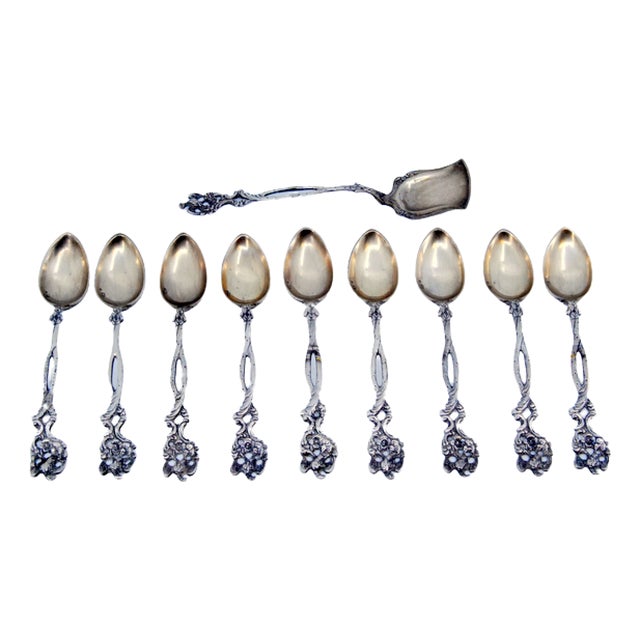 Silver Coffee Spoons and Sugar Scoop with Scalloped Handles, Set of 9 For Sale
